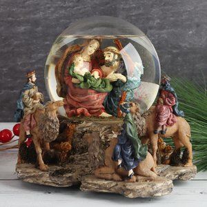 Vintage Holly Tree Musical Nativity Water Globe Plays "Silent Night"